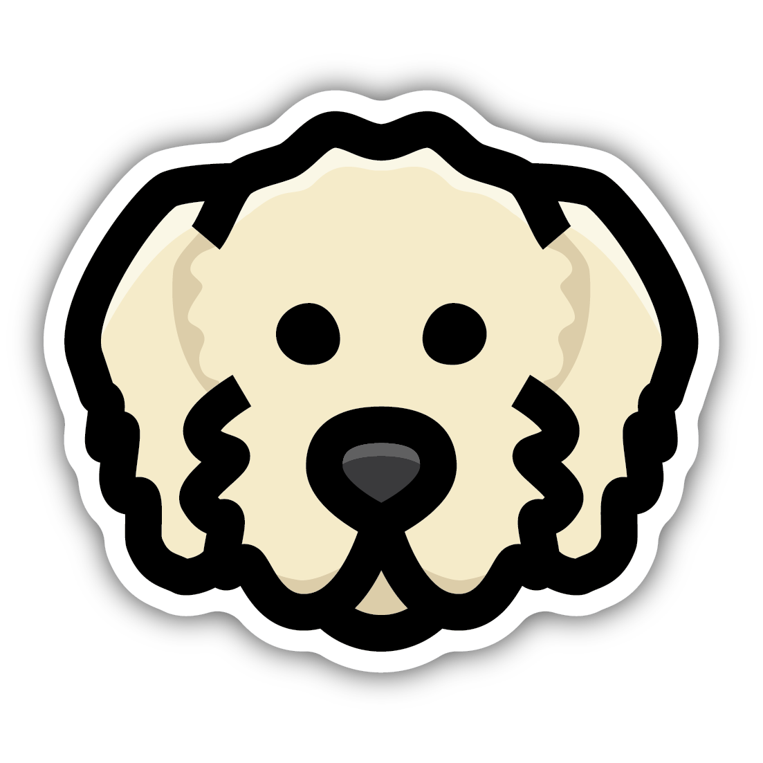 Cream-colored Labradoodle dog face illustration sticker with simplified features and bold black outline