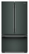 Counter-depth French door refrigerator with internal water dispenser and stainless steel handles in modern kitchen appliances collection