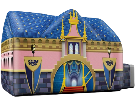 Inflatable play castle with blue roof and pink walls featuring decorative banners for children's indoor fun