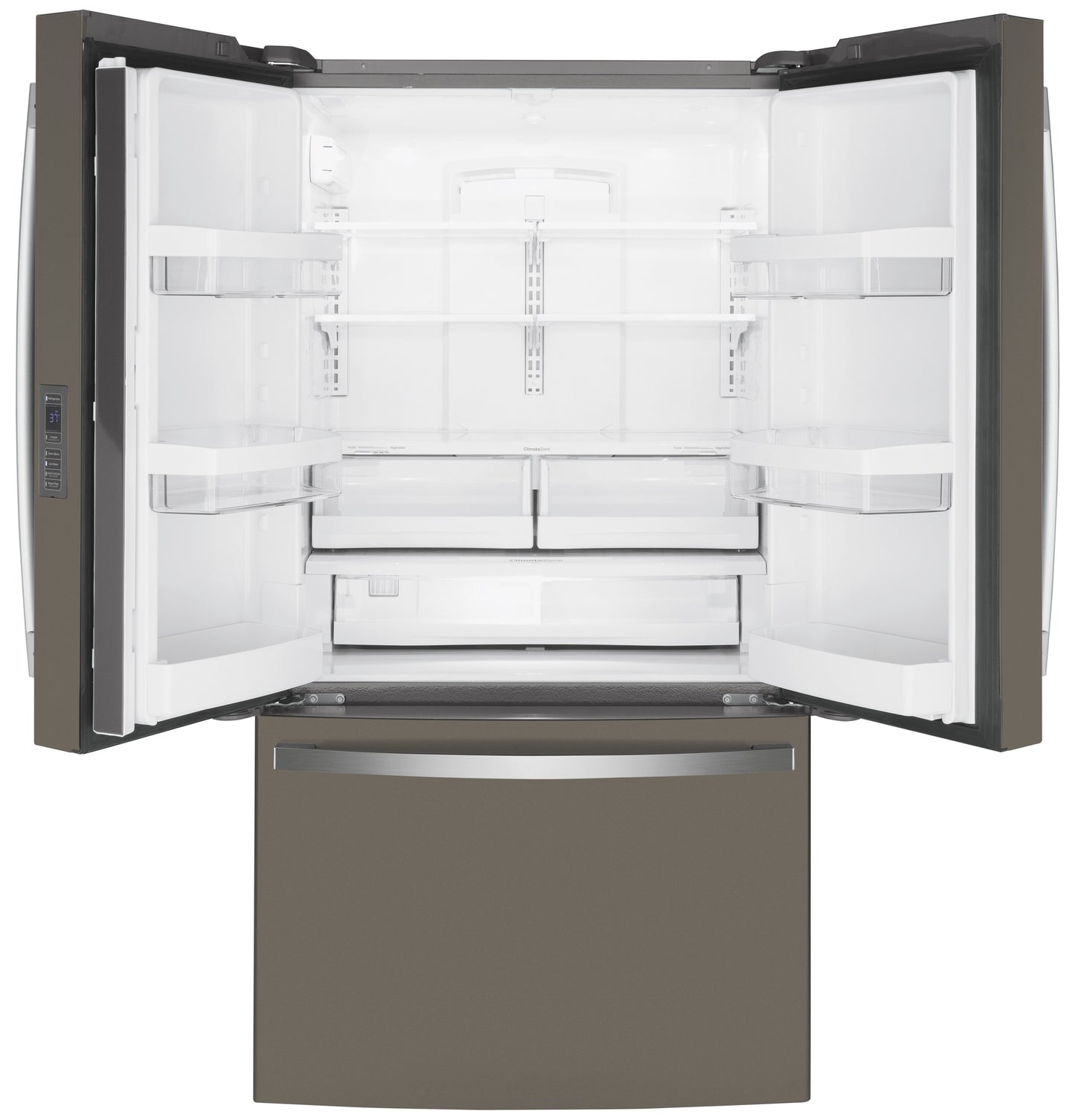Open counter-depth French-door refrigerator in slate finish with spacious adjustable shelves and bottom freezer drawer in appliances collection