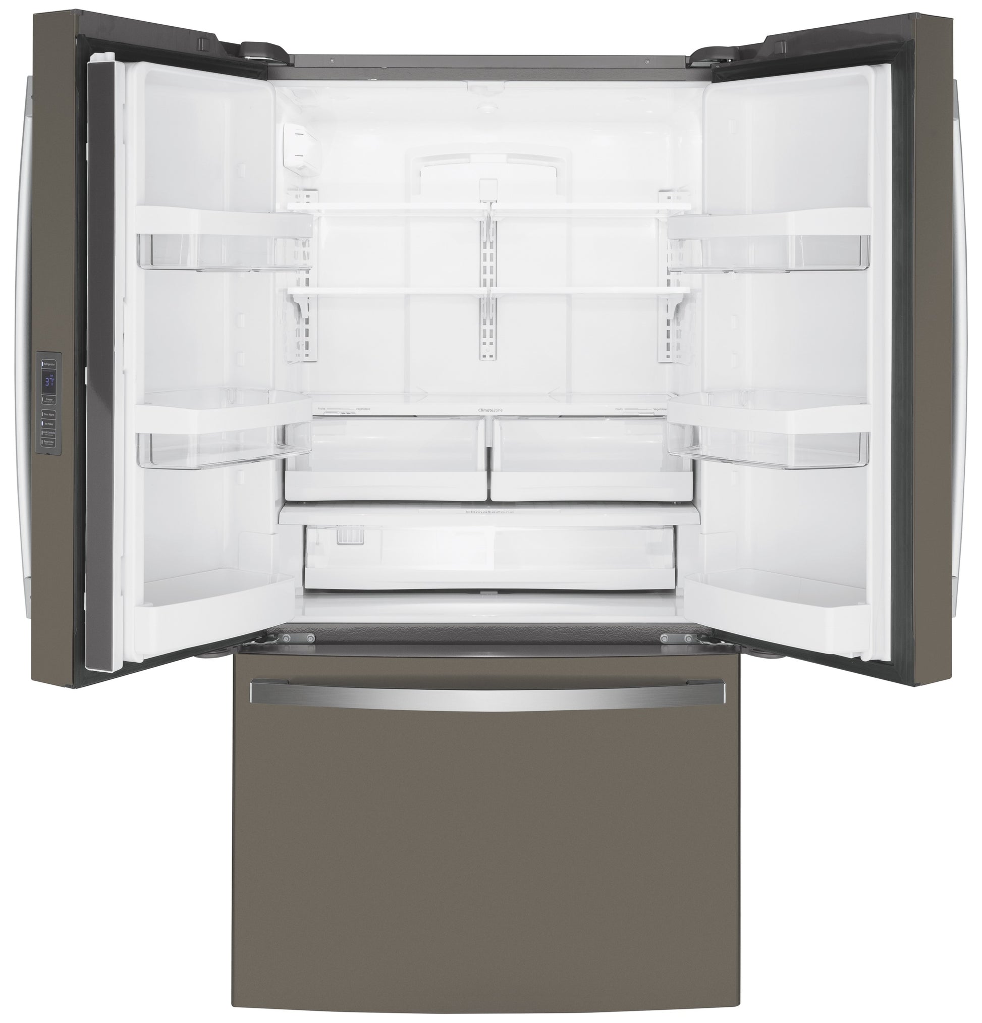 Open counter-depth French-door refrigerator in slate finish with spacious adjustable shelves and bottom freezer drawer in appliances collection