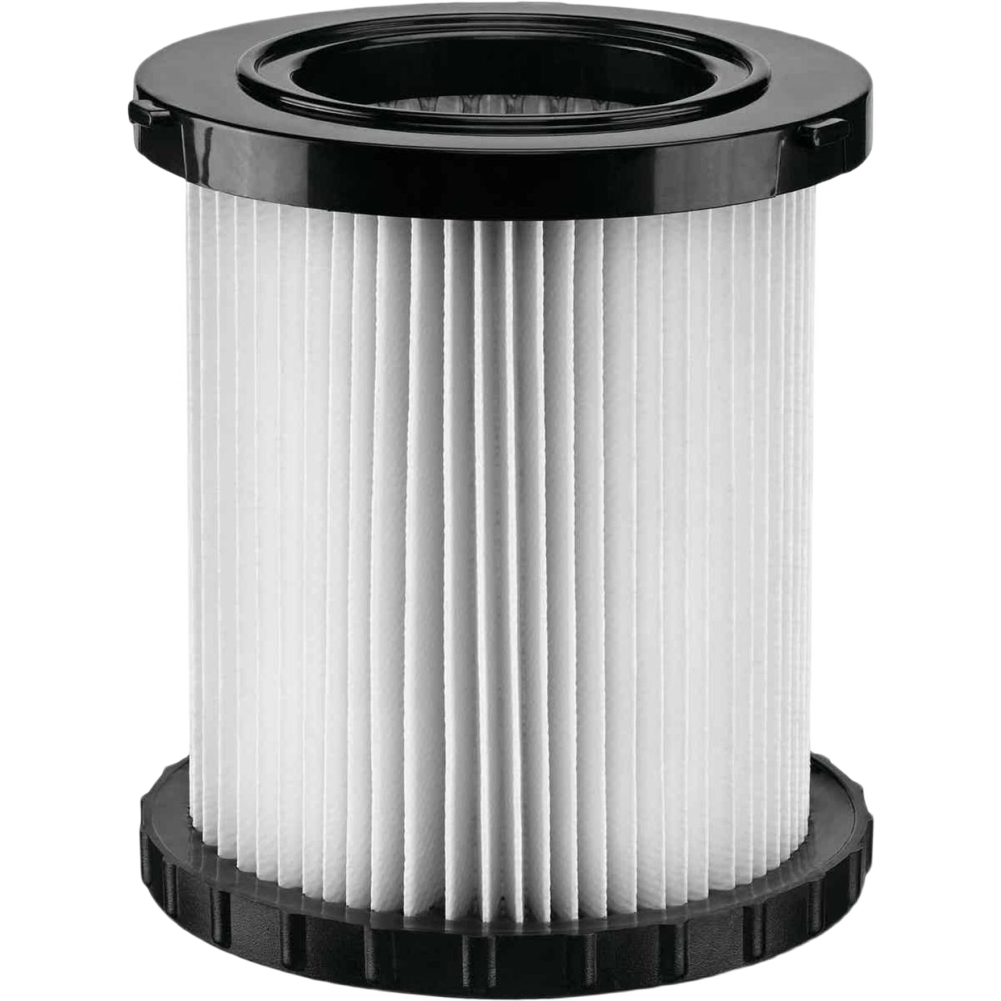 Cylindrical pleated replacement filter cartridge with black plastic end caps for wet dry vacuum tools and home improvement
