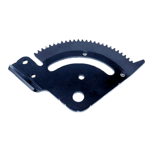 Black metal gear with curved teeth, multiple mounting holes, designed for tools and home improvement tasks