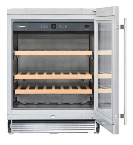 compact under-worktop wine storage cabinet with wooden racks and digital controls in kitchen appliances collection