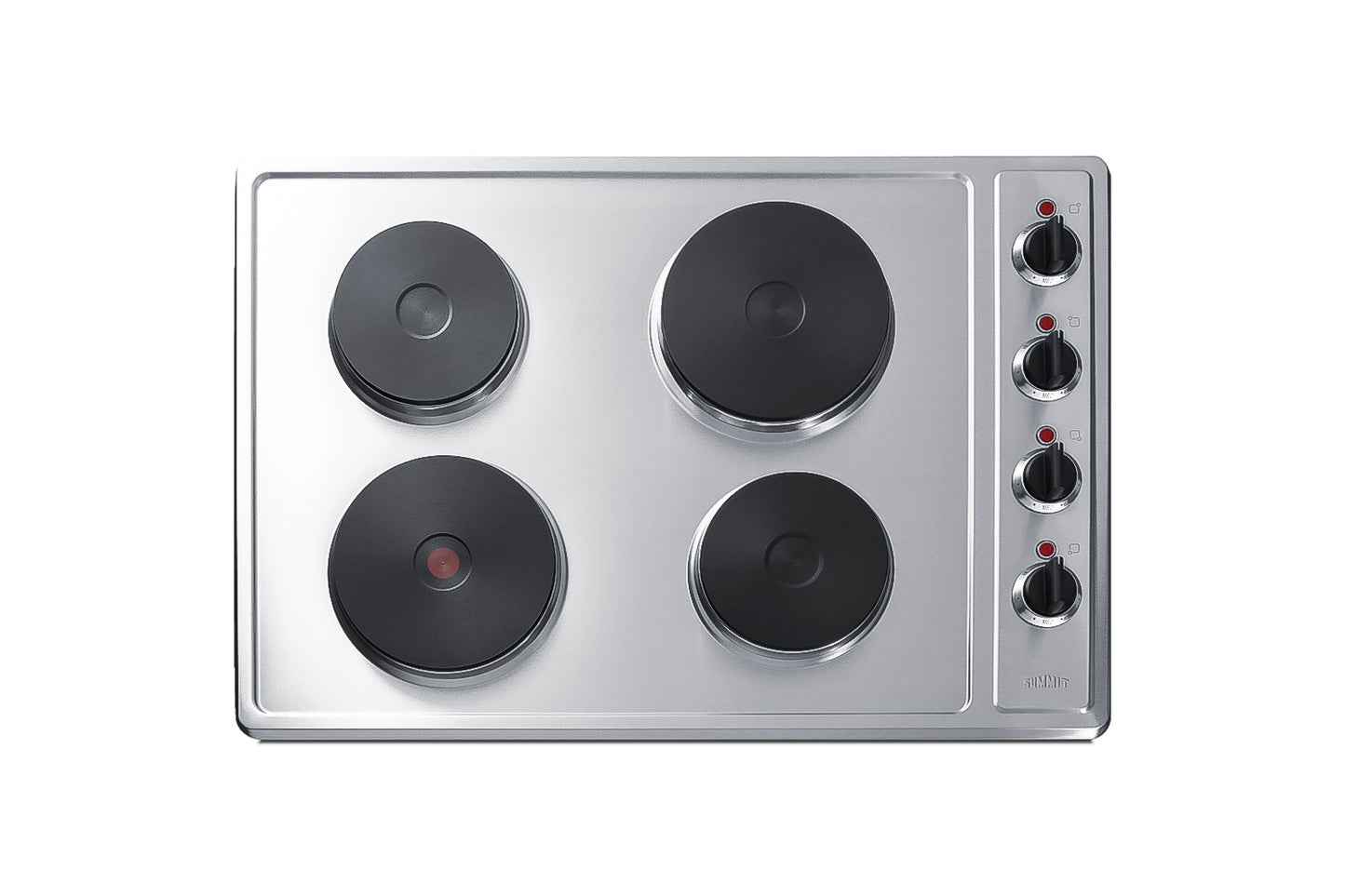 Electric cooktop with four solid disk burners and brushed stainless steel surface in kitchen and cooktops collection