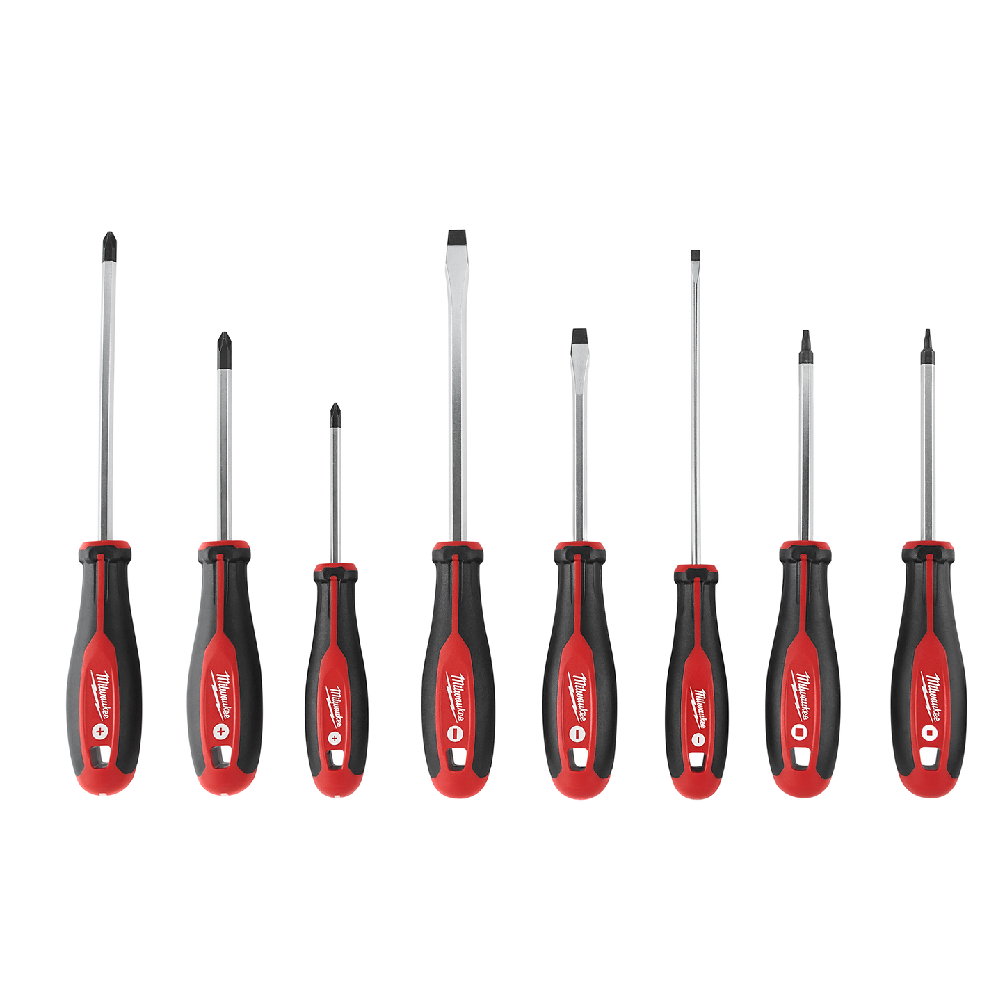 Set of eight red and black screwdriver tools with various flathead and Phillips tips for home improvement tasks
