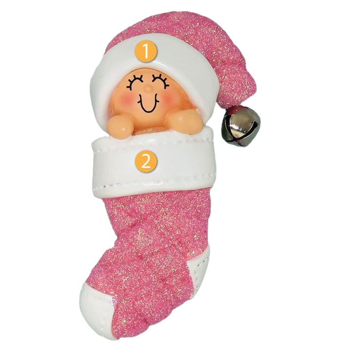 Baby nestled in sparkling pink stocking ornament with white cuff and small silver bell from Christmas Ornaments collection