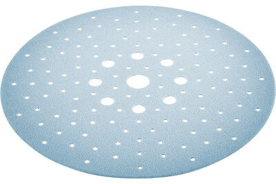 Round blue sanding disc with multiple holes designed for drywall sanding in power tools and home improvement projects