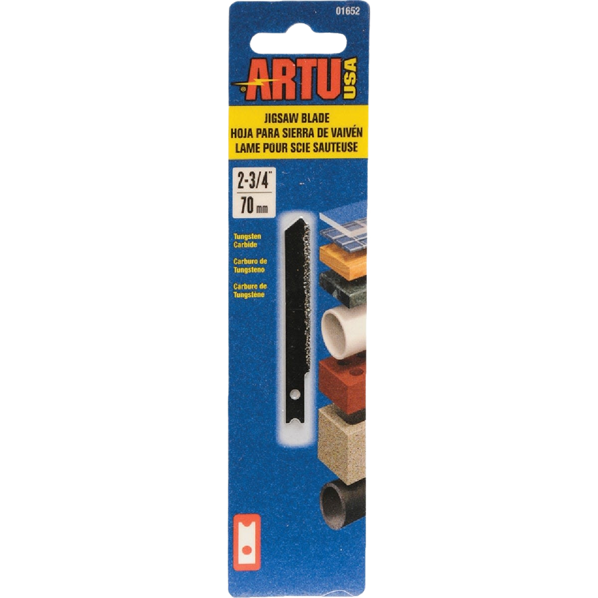 Carbide grit jigsaw blade with U-shank, 2-3/4 inch length, designed for cutting various construction materials.