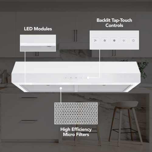 White under-cabinet range hood with LED lights, backlit touch controls, and high-efficiency micro filters in Kitchen & Kitchenware collections