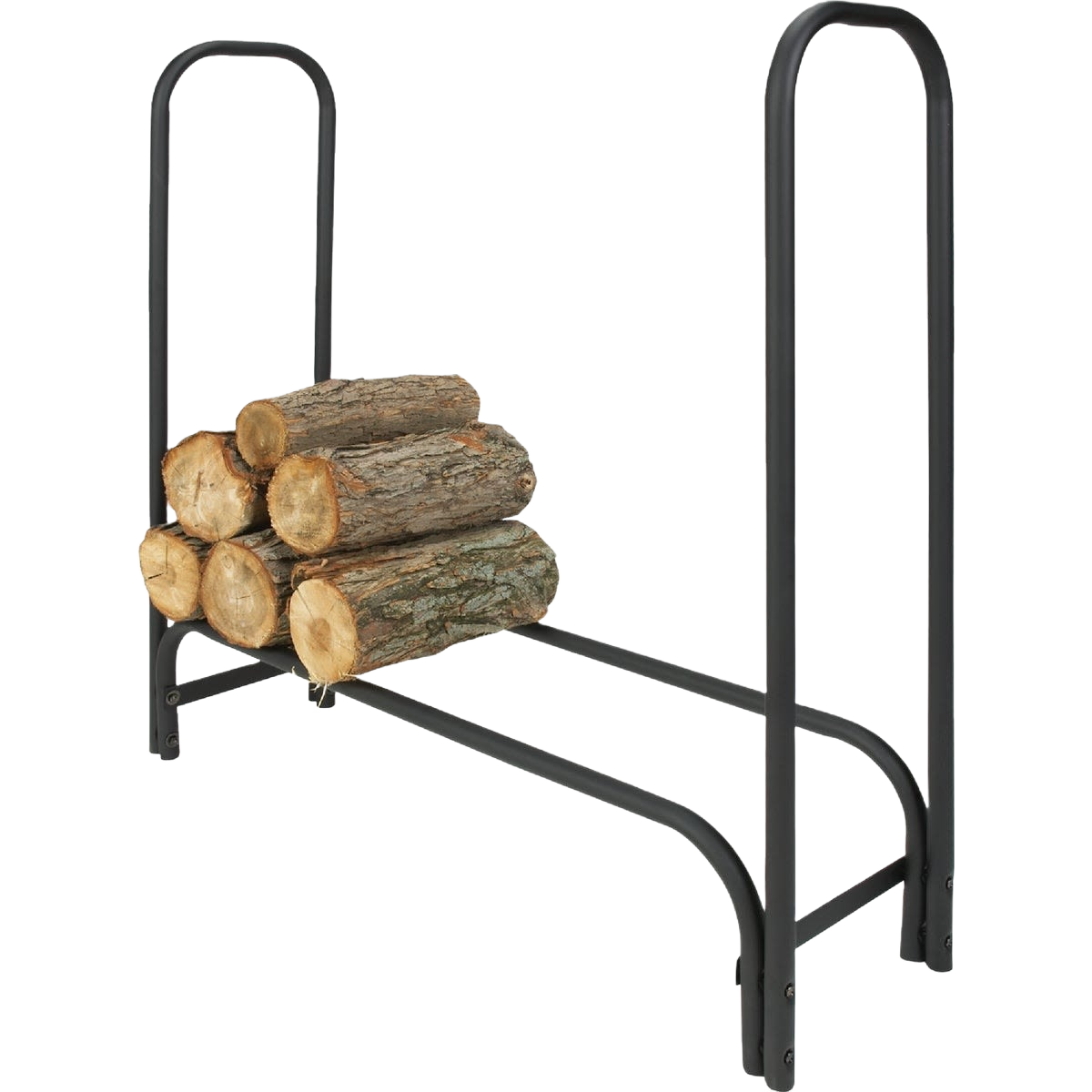 Black tubular log rack with sturdy frame holding stacked firewood for plumbing and home improvement projects