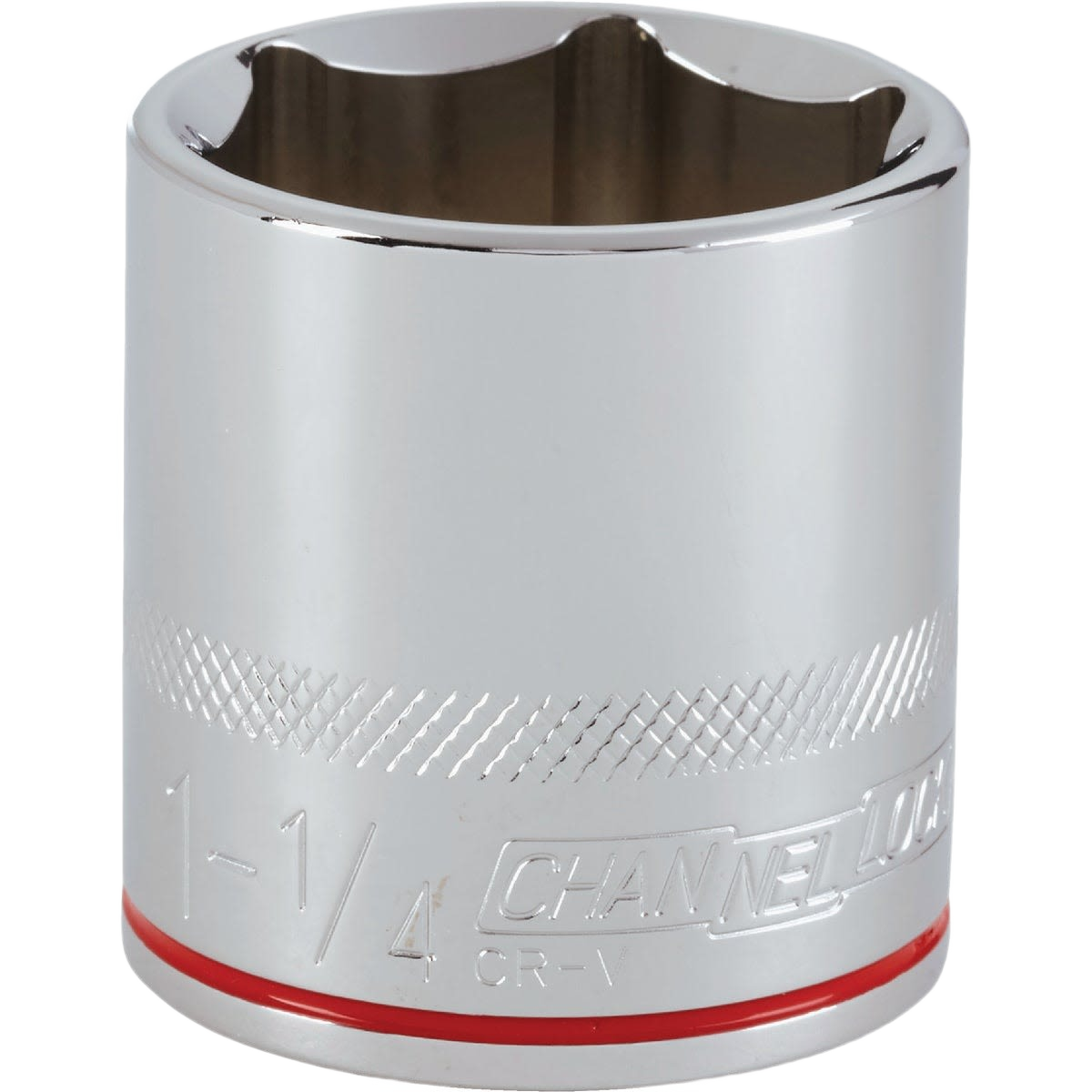 Shallow 6-point chrome socket with textured grip and color band for easy size identification in hand tools collection under $50