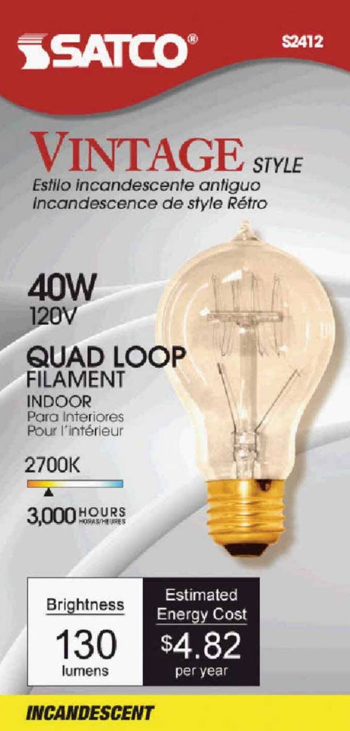 Clear glass vintage style incandescent bulb with quad loop filament and brass screw base for indoor use