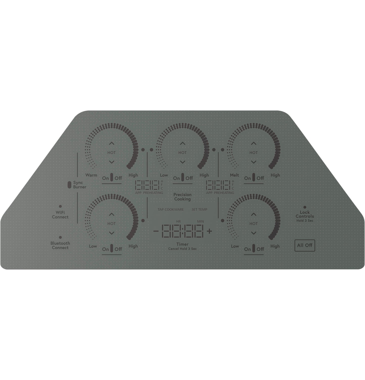 Touch control panel for a built-in induction cooktop with digital dials and multiple cooking zone settings for kitchen appliances
