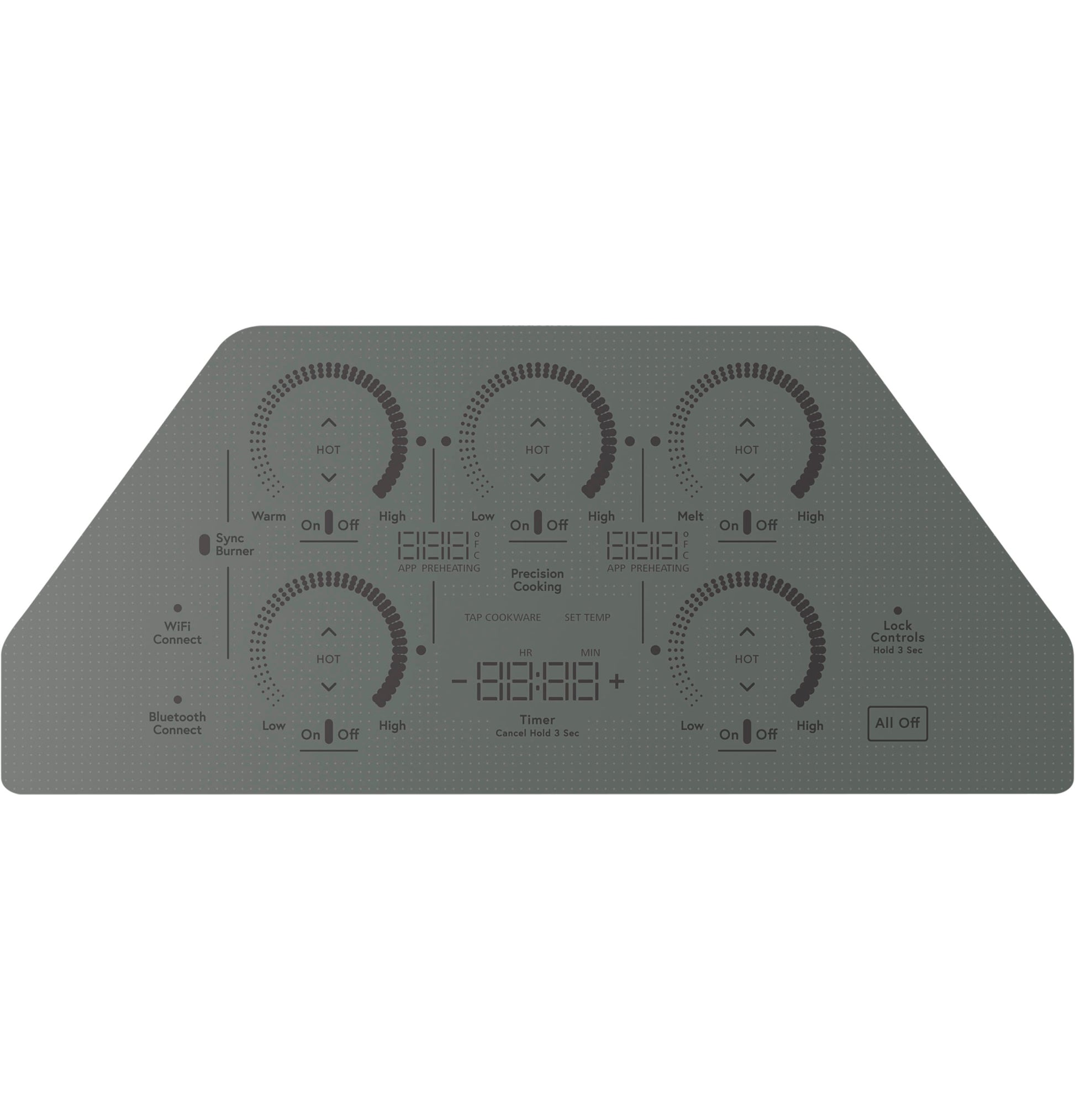 Touch control panel for a built-in induction cooktop with digital dials and multiple cooking zone settings for kitchen appliances