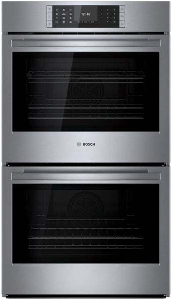 Double wall oven in stainless steel with digital touch controls for modern kitchen and home improvement settings