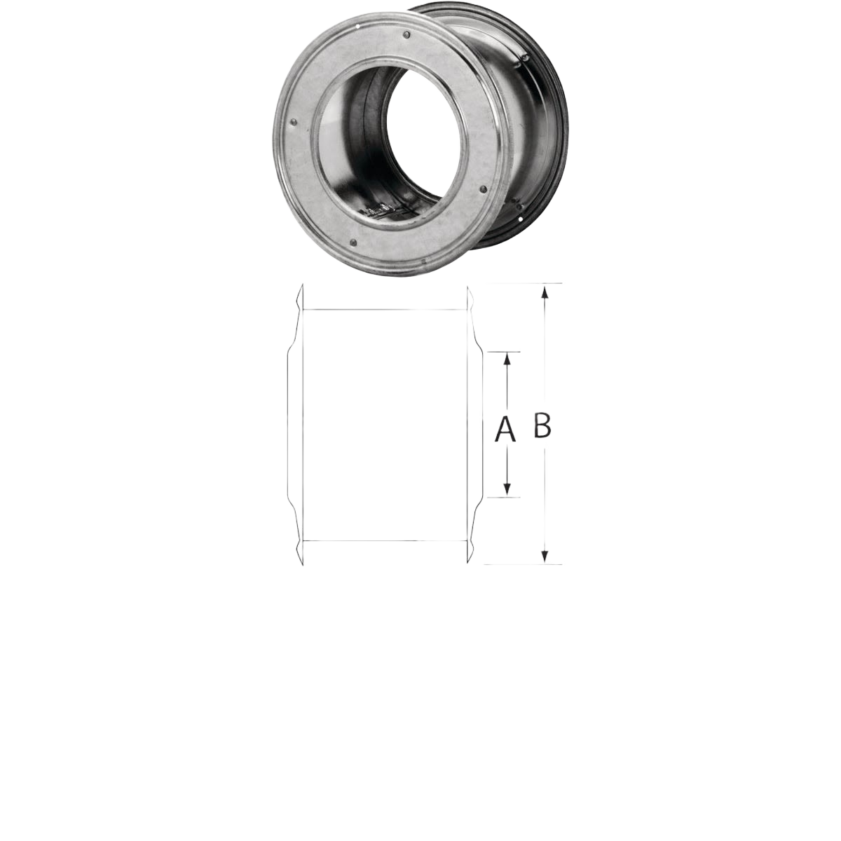 Stainless steel gas pipe wall thimble with flange and dimensional diagram for tools and home improvement use