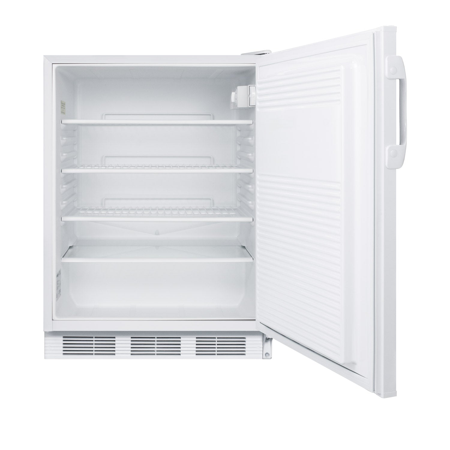ADA compliant 24-inch wide all-refrigerator with open door, adjustable wire shelves, and white interior in appliances collection