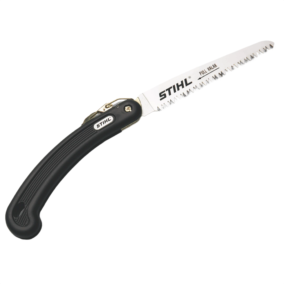 Compact folding pruning saw with hard chrome-plated blade and black ergonomic handle for garden and lawn tools collections