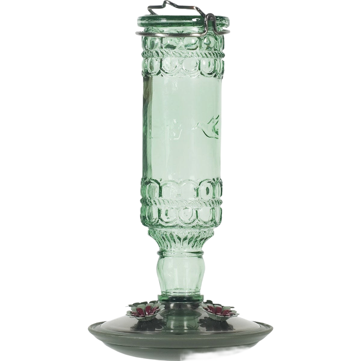 Antique style green glass hummingbird feeder with decorative embossed design and metal clasp top for outdoor use