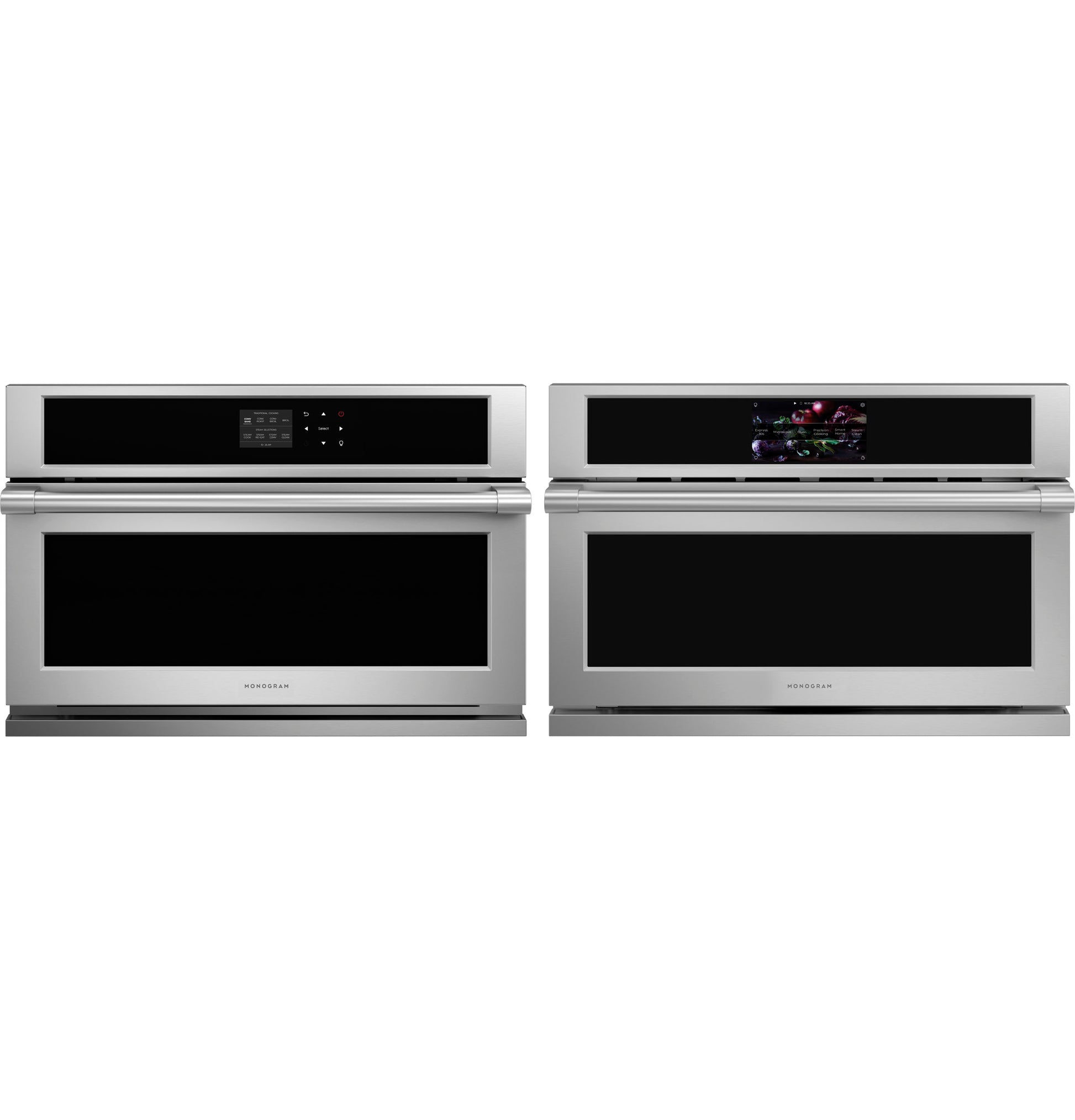 Pair of stainless steel built-in steam ovens with digital touch controls in modern kitchen appliances and wall ovens collection