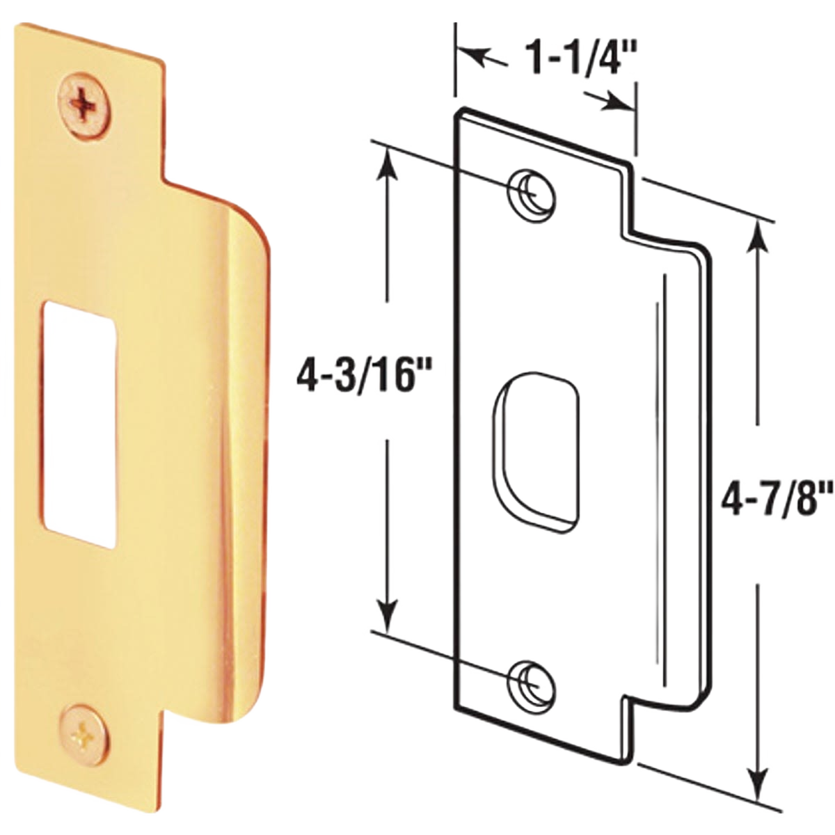 Polished lip strike plate with mounting screws and dimensional diagram for door hardware and home improvement tasks