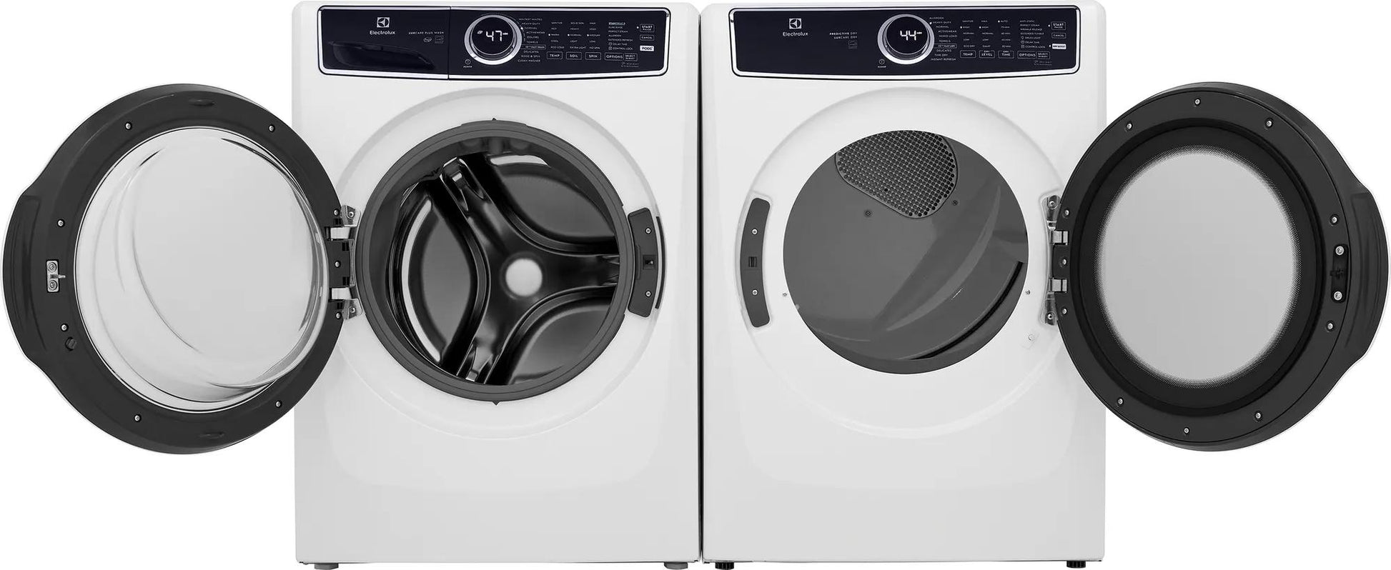 White front load washer and gas dryer with open doors and digital controls in Dryers, Appliances, and Washers & Dryers collections