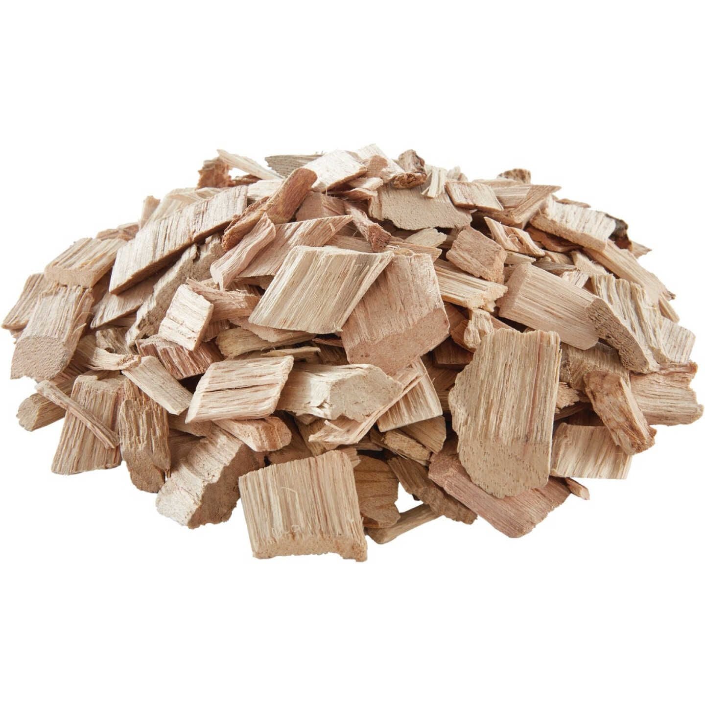 Pile of natural hickory wood chips for adding smoky flavor to grilled food in outdoor cooking and grilling accessories.