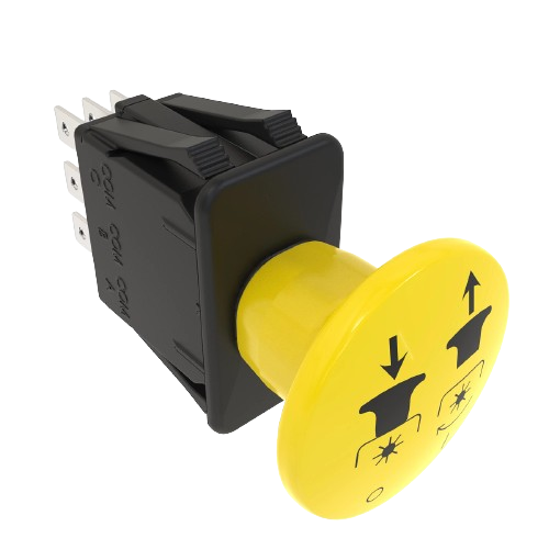 Yellow push-button PTO switch with black housing for John Deere parts and accessories collections