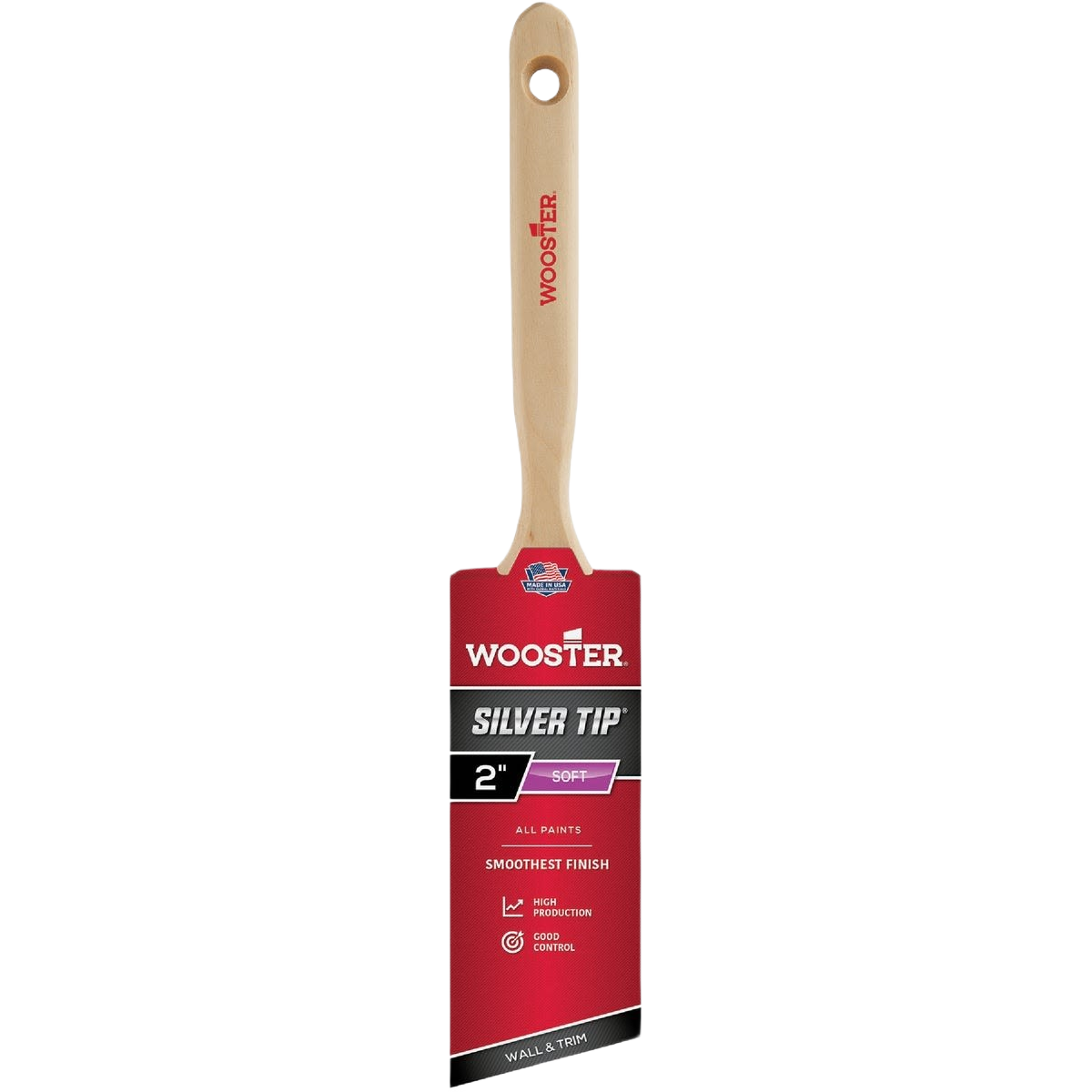 Paint brush with wooden handle and angled soft silver tip bristles for smooth finish in paint brushes and home improvement collections