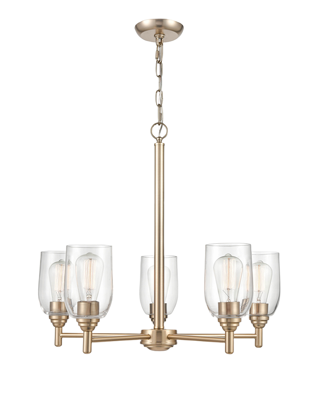 Modern chandelier with five clear glass shades and gold toned finish for bathroom and lighting collections