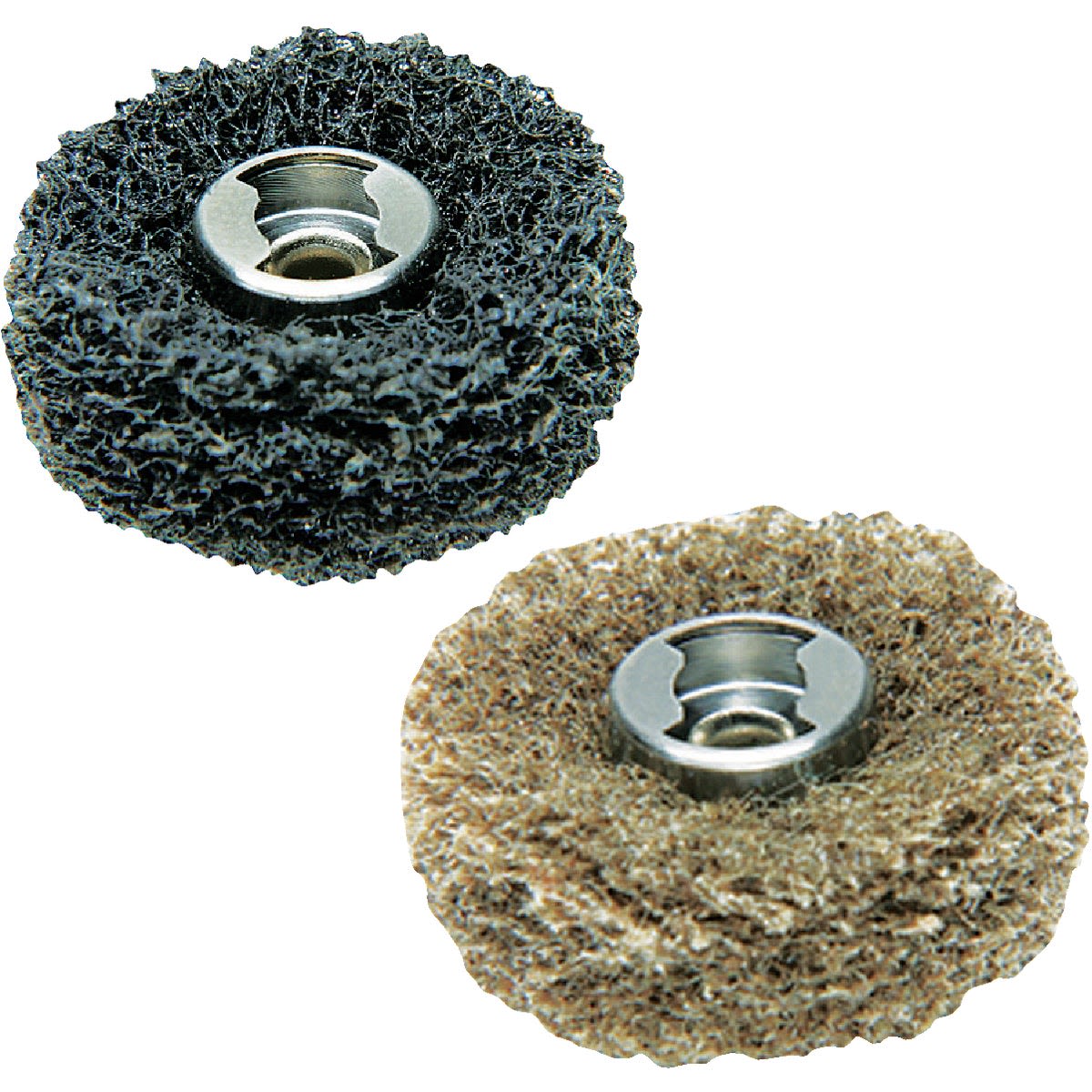 Pair of abrasive finishing wheels with EZ Lock mount for rotary tool accessories and home improvement projects