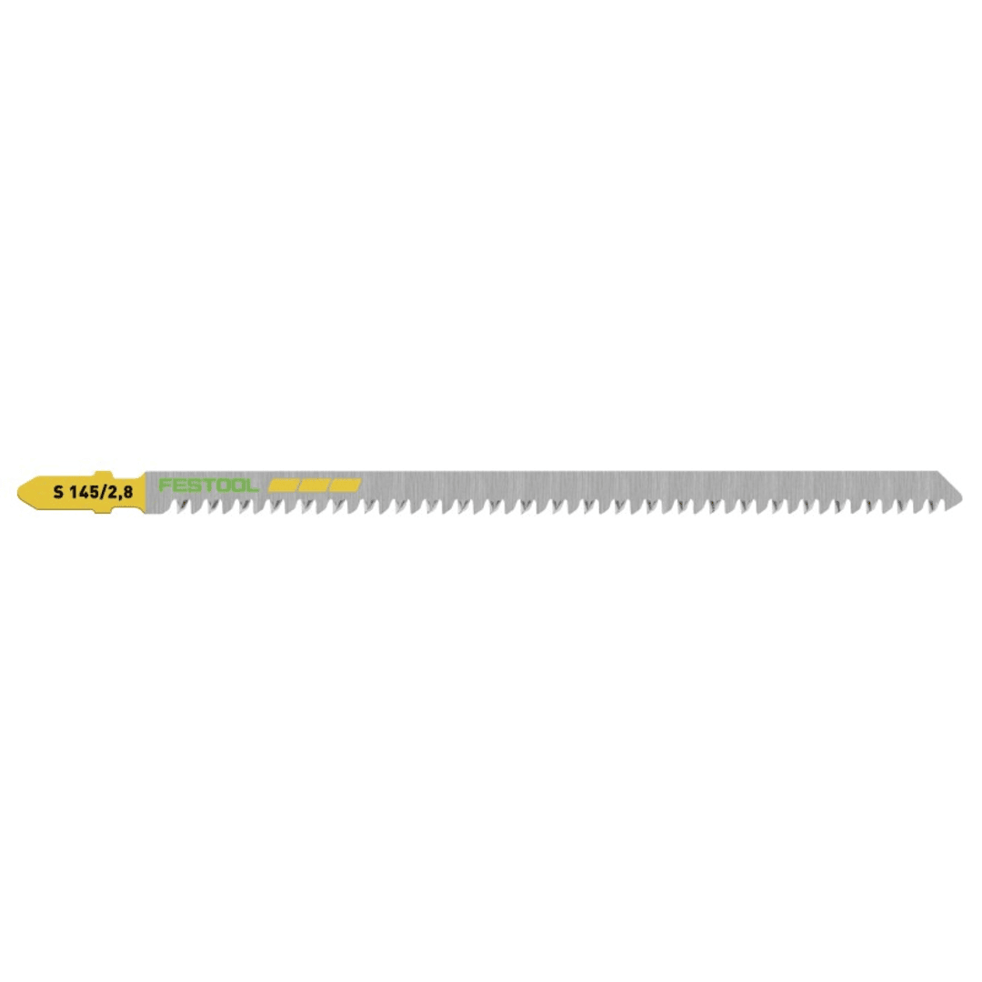 Straight cut jigsaw blade with sharp teeth for wood cutting, part of woodworking and power tool accessories collection