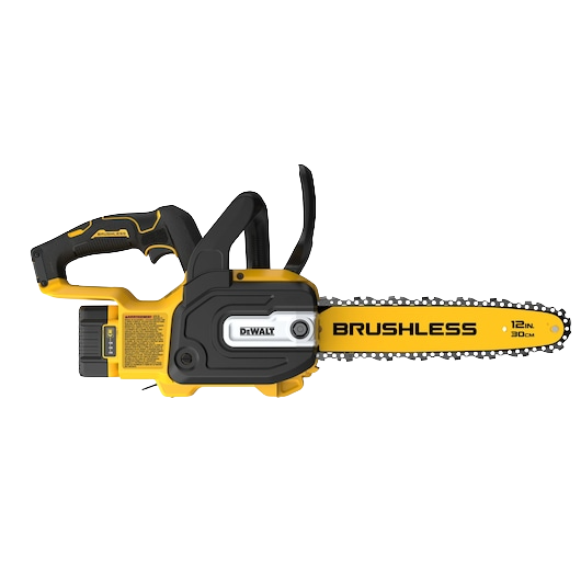 Yellow and black 12-inch compact cordless chainsaw with brushless motor for efficient tools and home improvement tasks