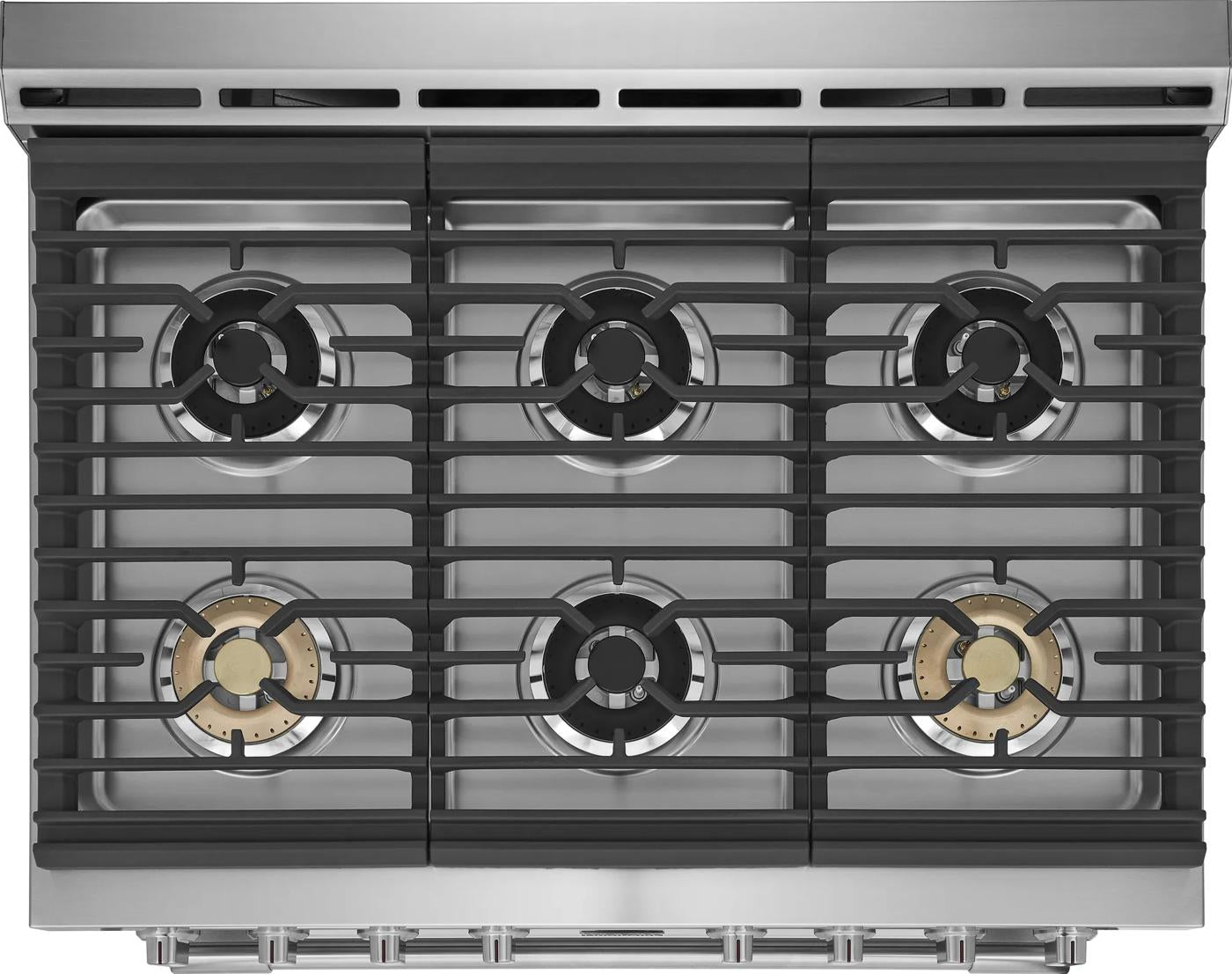 stainless steel six-burner gas cooktop with cast iron grates and front control knobs for kitchen and home improvement tools