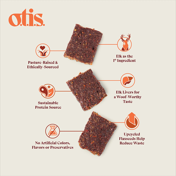 Three rectangular elk jerky dog treats with features like ethical sourcing and no artificial preservatives displayed on light background.