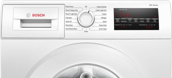 Front load compact washer with digital display and control dial in white, part of Bosch washers and appliances collection