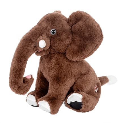 Soft brown elephant plush with large ears, white accents on feet and tusks, sitting on a light background