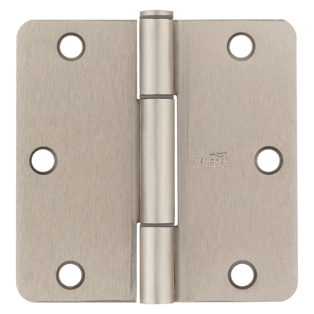 Set of three satin nickel door hinges with 1/4-inch radius corners for smooth, silent door pivoting in home improvement projects