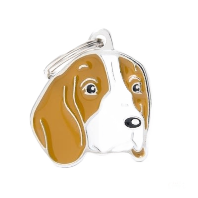 Beagle dog face-shaped metal pet tag with brown and white enamel for identifying pets safely
