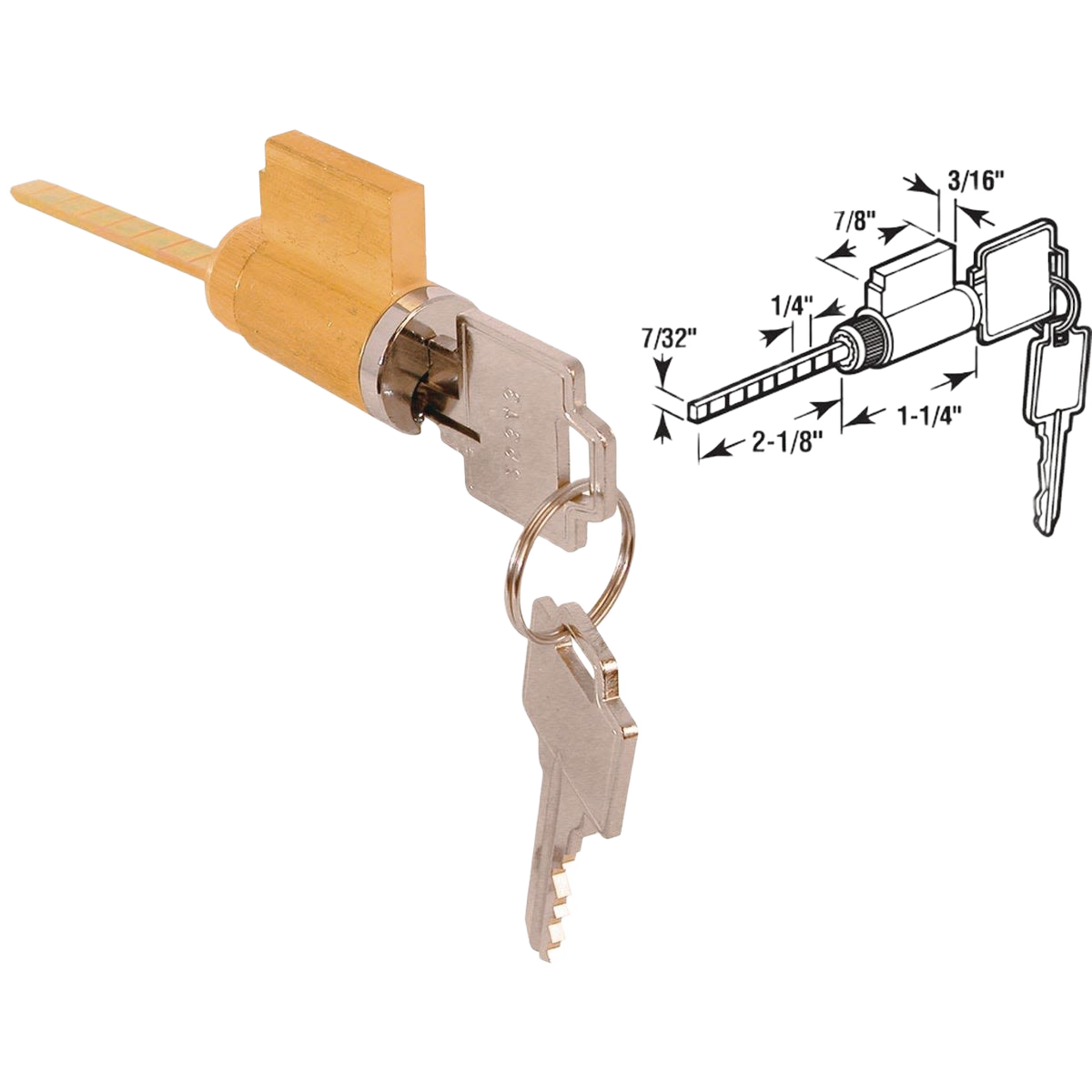 Brass patio lock cylinder with two keys and technical diagram for hardware and home improvement under $50 collections