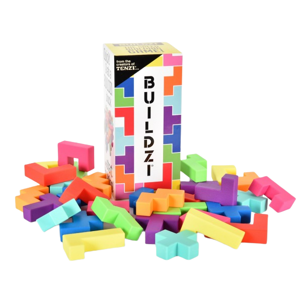 Colorful plastic interlocking puzzle pieces scattered around a vertical rectangular box with BUILDZI branding