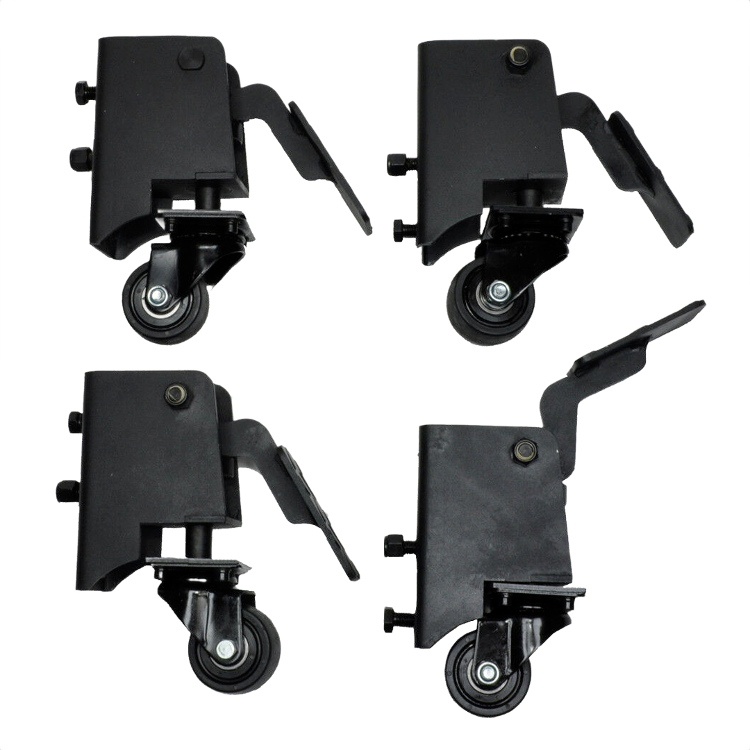 Set of four black mobility casters with locking levers designed for tool and home improvement equipment mobility
