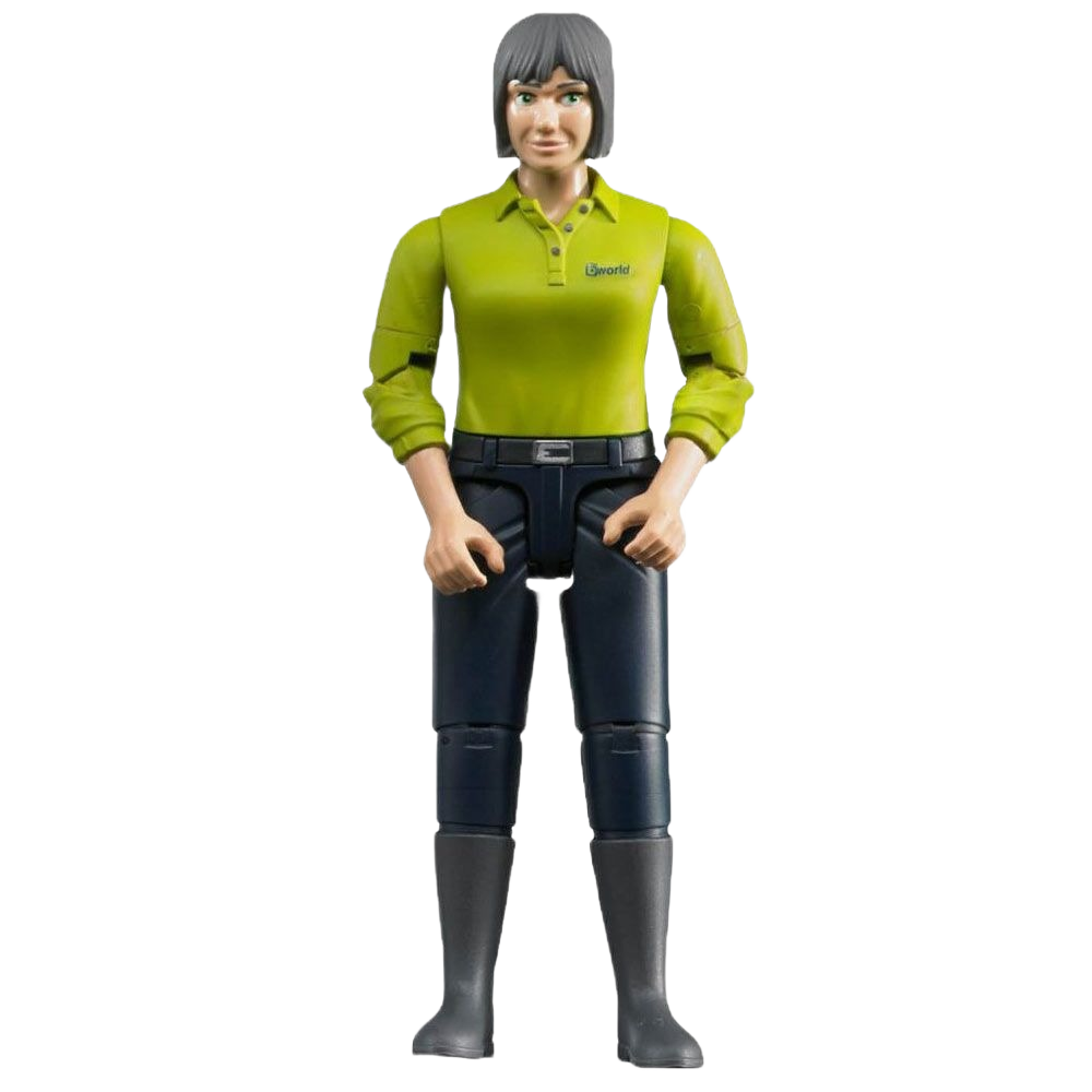 Toy figure of a woman with light skin, wearing a green shirt and blue jeans, for Bruder Toys collection.