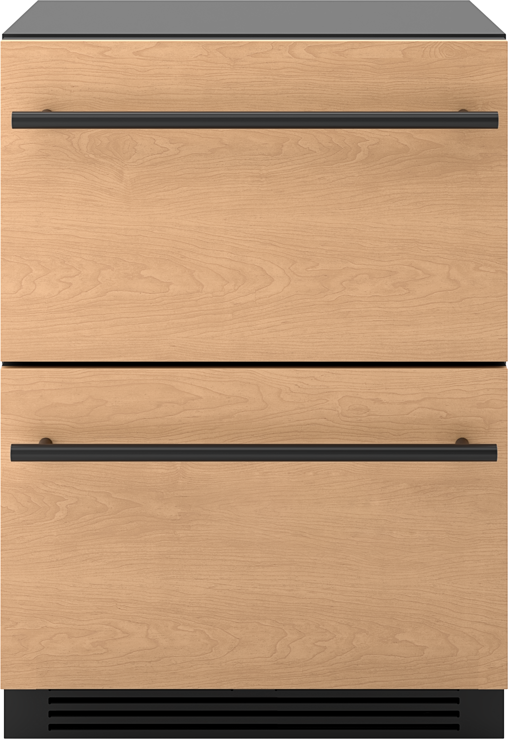 Two-zone refrigerator and freezer drawers with wood panel finish and black handles from kitchen appliances collection