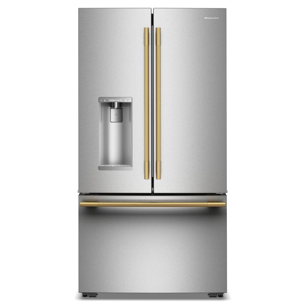 Counter-depth French door refrigerator in stainless steel with gold-tone handles, built-in water dispenser, and bottom freezer drawer, part of Refrigerators, French Door Refrigerators, Kitchen & Kitchenware, All Products, KitchenAid, Appliances collections.