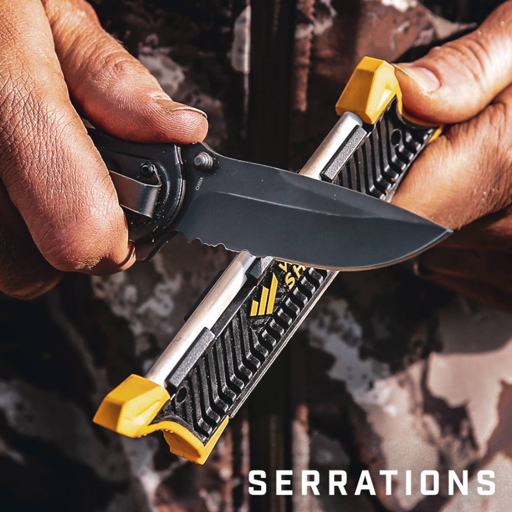 Handheld black and yellow knife sharpener with ergonomic grip sharpening serrated blade for woodworking and kitchen tasks under $50