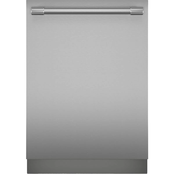 Front view of a stainless steel professional 24-inch dishwasher with sleek handle for modern kitchen appliances.