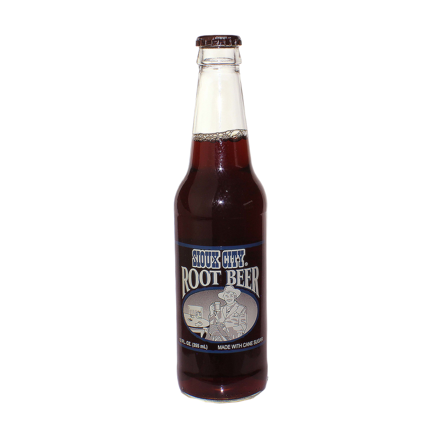 Glass bottle of Sioux City root beer soda with vintage-style label and dark cola beverage inside