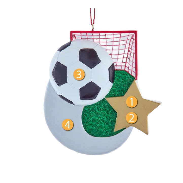 Personalized soccer ball ornament with red goal net, green field detail, and gold star decoration for holiday display